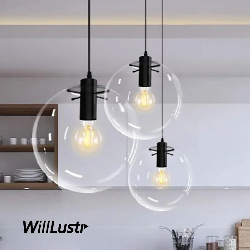 Clear Glass Pendant Lamp Transparent Global Suspension Light Lampshade LED Crystal Ball Ceiling Chandelier Hanging Lighting