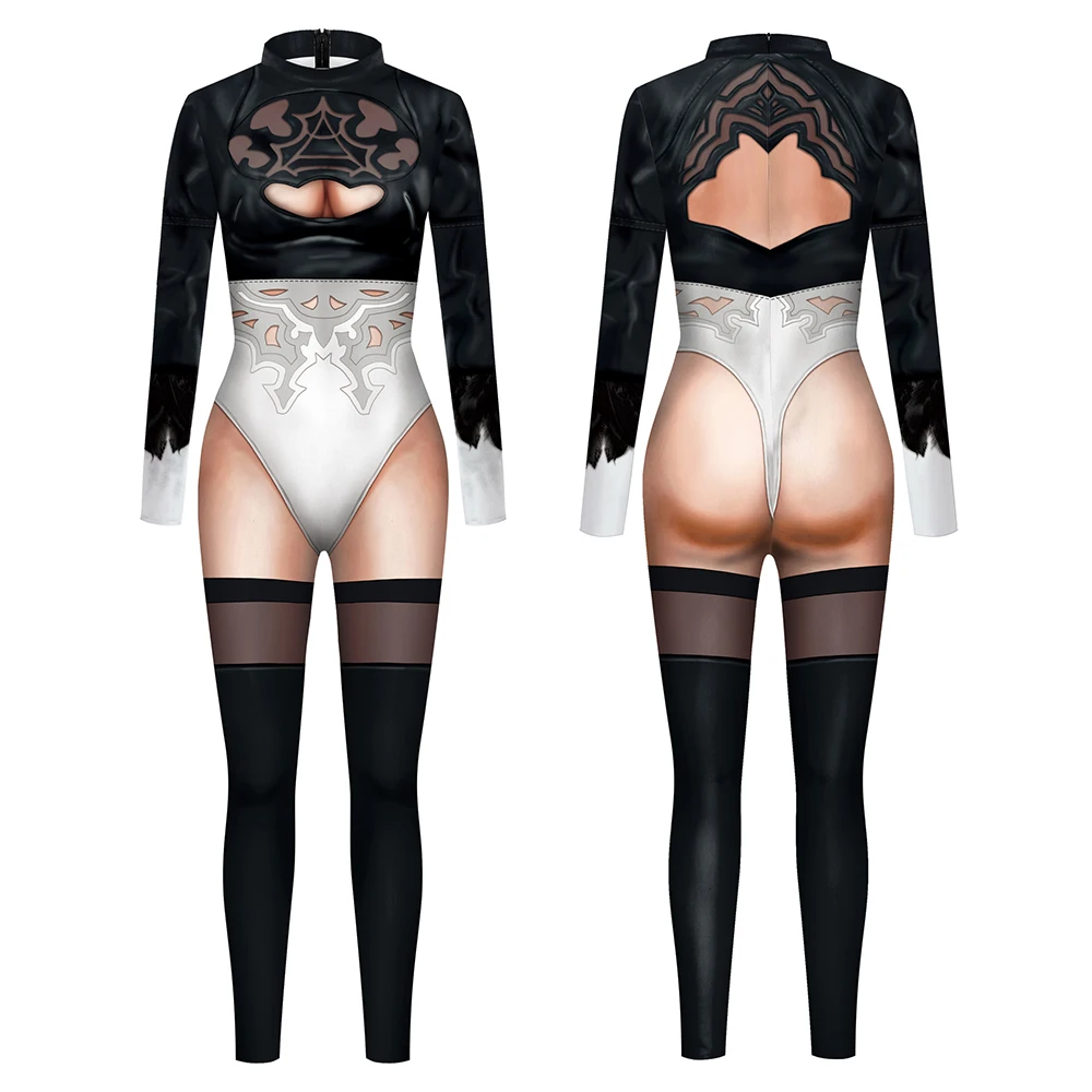 Macacão Spandex para Adulto, Traje de Halloween, Bodysuit Gótico, Zentai, Anime Game Cosplay, Impressão 3D, Catsuit, Festa, Nier, Automata