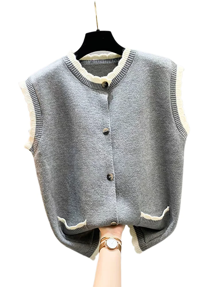 

Elegant Contrasting Color Knitted Sweater Vest Women's Spring Autumn Single Breasted Top New French Sleeveless O-neck Cardigan