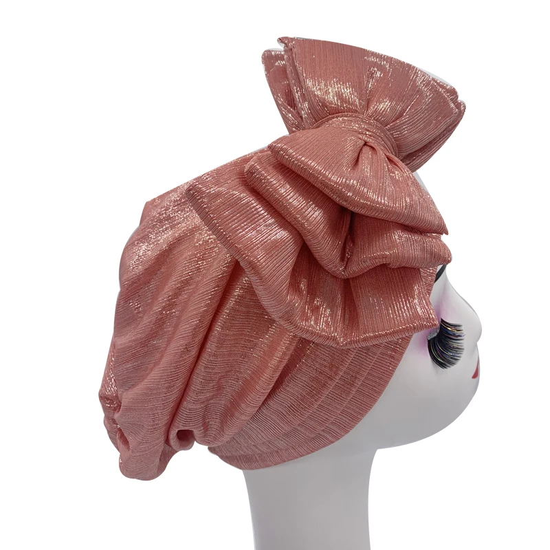 Shinning Multi-schicht Bowknot Turban Kappe für Frau Mode Afrikanische Headtie Nigeria Hochzeit Turbane Hut Muslim Headwrap Motorhaube – Detail 23