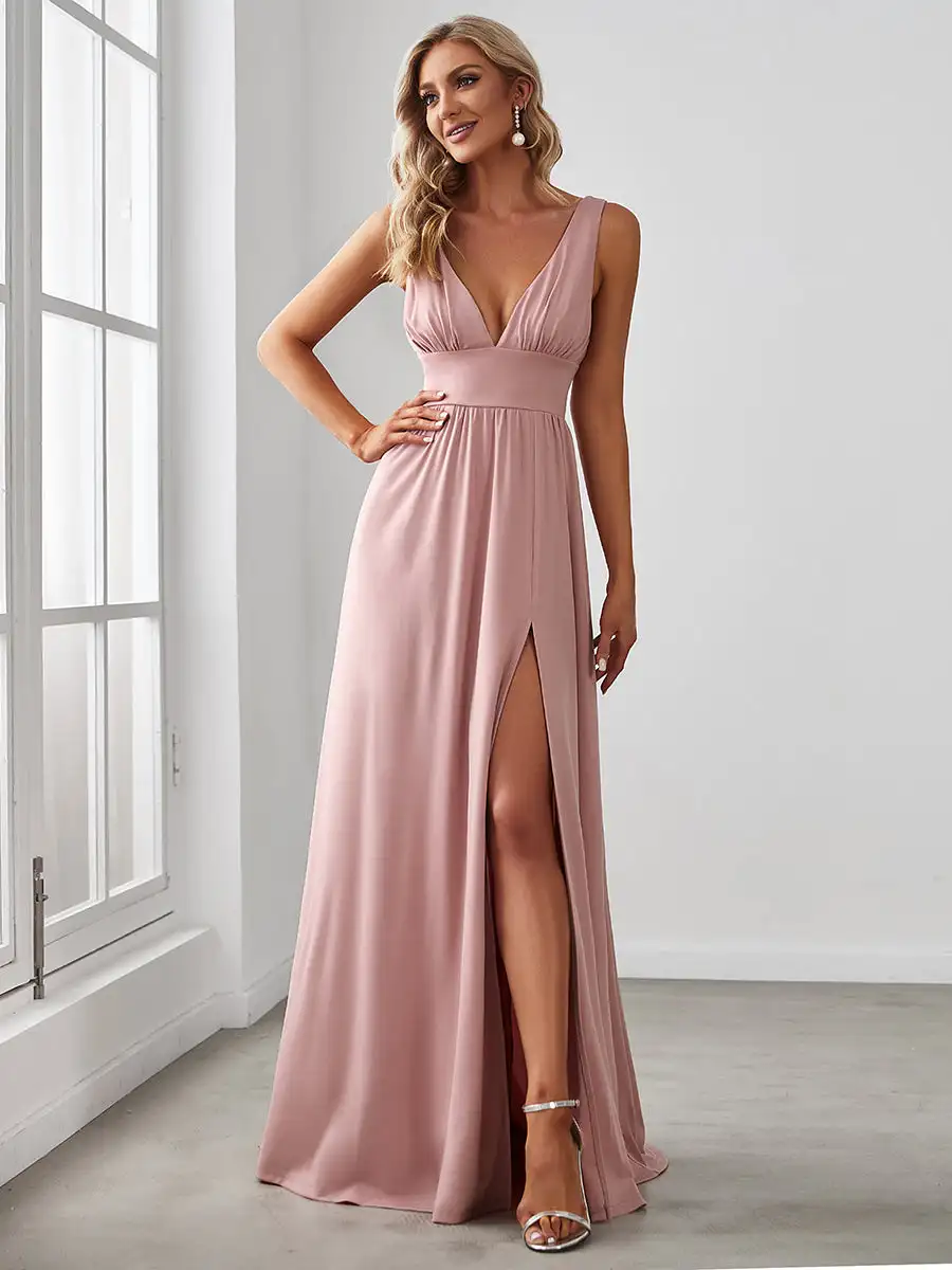 Gaun malam seksi Deep V-Neck tanpa lengan gaun Cocktail lantai panjang A-line siluet 2025 Ever Pretty of Dusty Rose