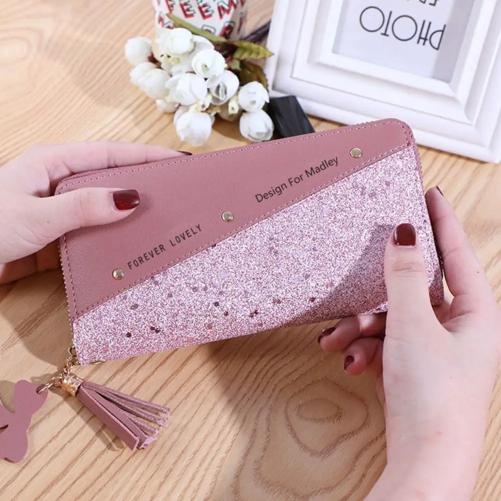 بولي Leather جلد المرأة محفظة طويلة شرابة قلادة اللون التباين امرأة مخلب المحفظة تخزين الكورية نمط مربع حافظة للبطاقات الإناث