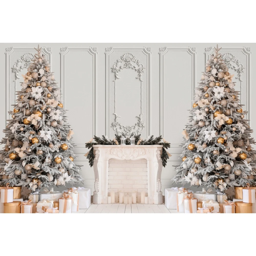 Latar belakang Natal putih, perapian pohon Natal ruang Interior Selamat Natal musim dingin keluarga anak-anak potret latar belakang fotografi