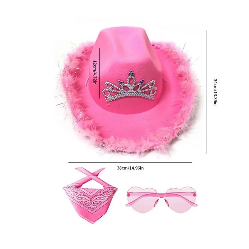 Sombreros de vaquero para mujer, sombrero de vaquera de fieltro de colores brillantes, suministros de fiesta atractivos, bufanda cuadrada de poliéster, gafas de corazón