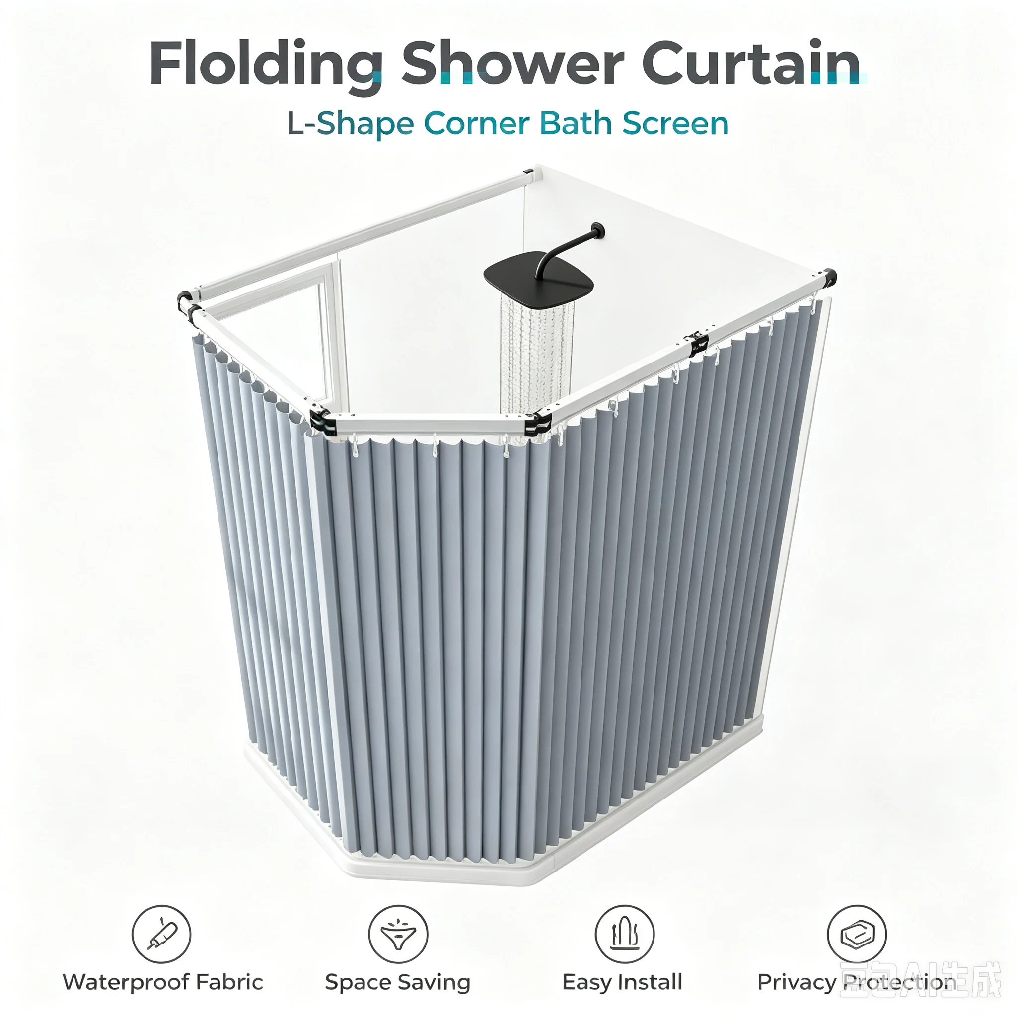 Foldable Shower Curtain Set - Magnetic Waterproof Bathroom Partition, No Drill Tension Rod for Wet/Dry Separation Privacy