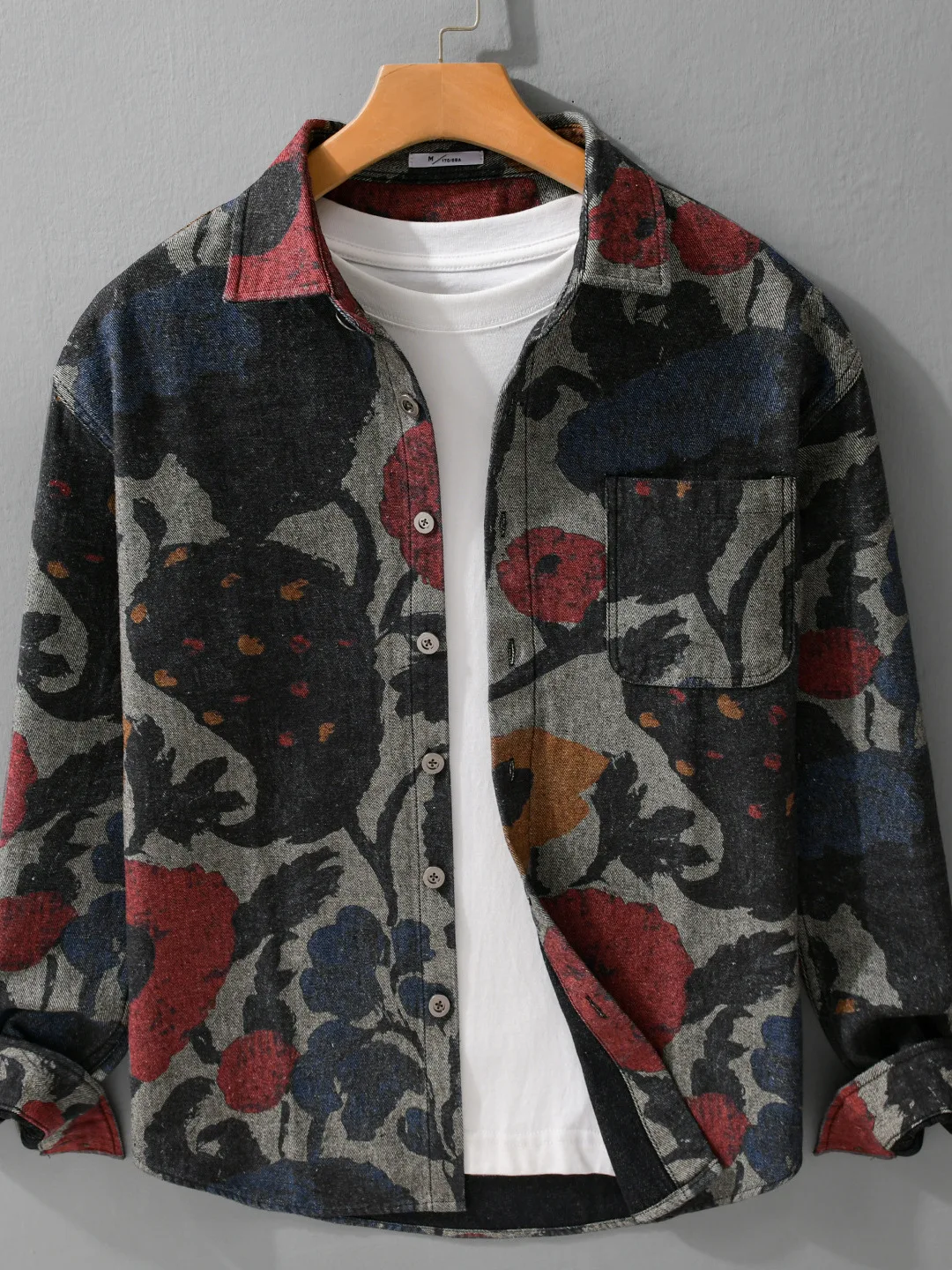 

Trendy Heavyweight Long Sve Cotton irt Youth Hong Kong Sle Printed Pure Cotton Collar Men's Spring Autumn Faion Top