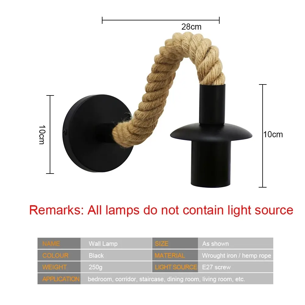 Retro Vintage Hemp Rope Wall Lamp E27 Wall Light 110V 220V Indoor Loft Outdoor Corridor Wall Lamp Industrial Sconce Bedside Lamp image 2