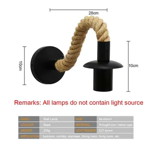 Luz retro da parede da corda do cânhamo do vintage, E27, 110V, 220V, interno, sótão, exterior, corredor, lâmpada de parede, arandela industrial, lâmpada da cabeceira 12 principais vendas luminaria parede corda - №6