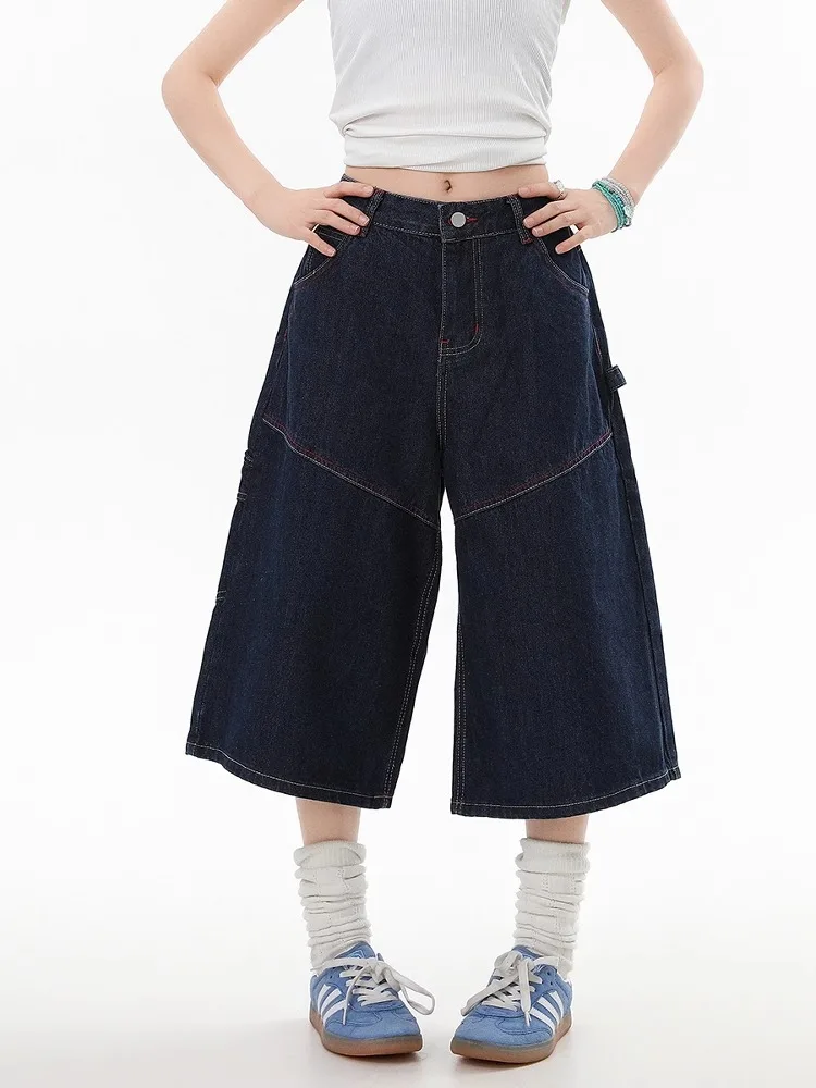 

Мужские джинсы из синего денима, повседневные, со средней посадкой, широкие штанины, летние, модные, с вышивкой, прямые, длиной до колена