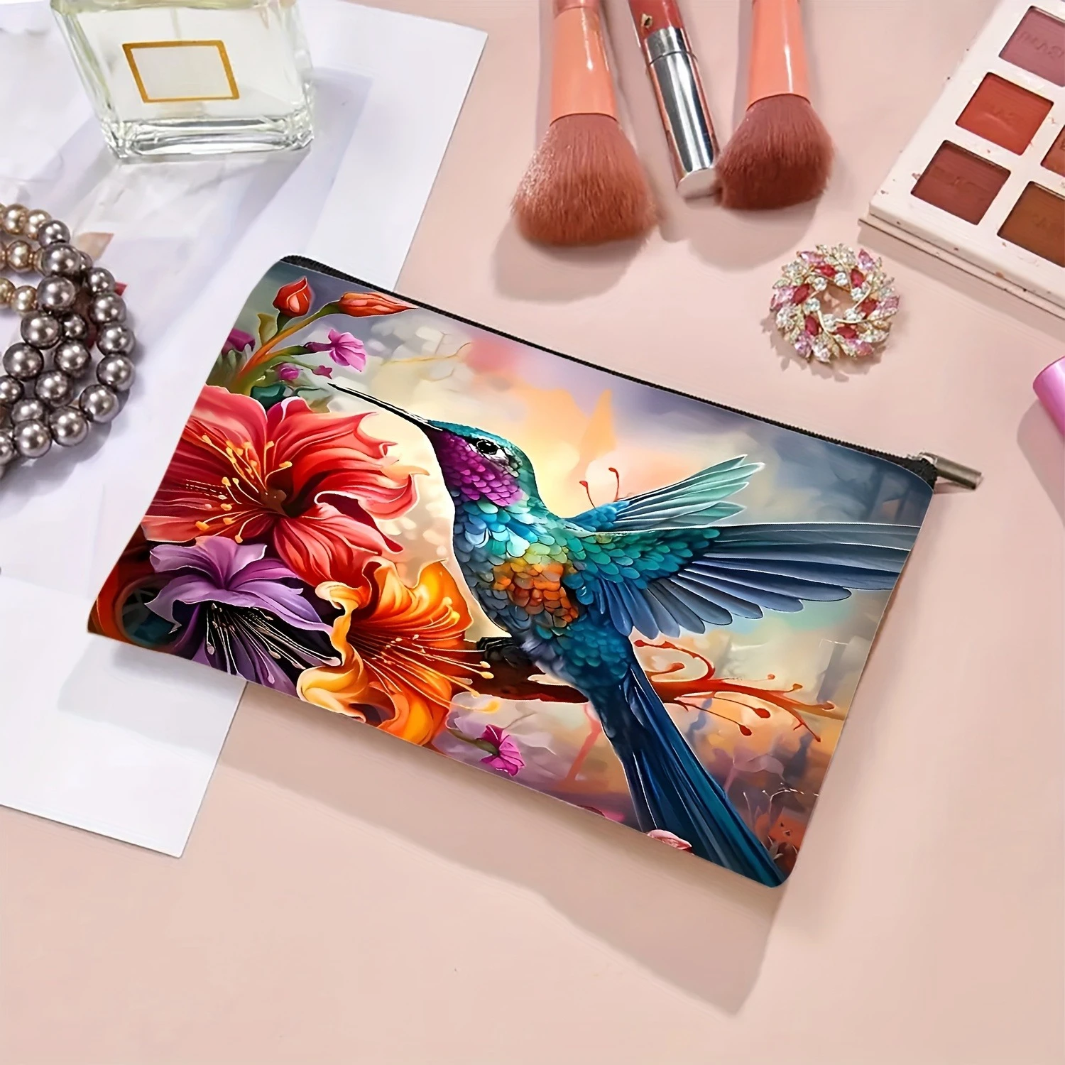 1 قطعة الطائر الطنان الأزهار نمط حقيبة مستحضرات تجميل السفر حقيبة مستحضرات التجميل مع سحاب نابضة بالحياة الأزرق الأخضر الطنان السفر حقيبة مستحضرات التجميل #4