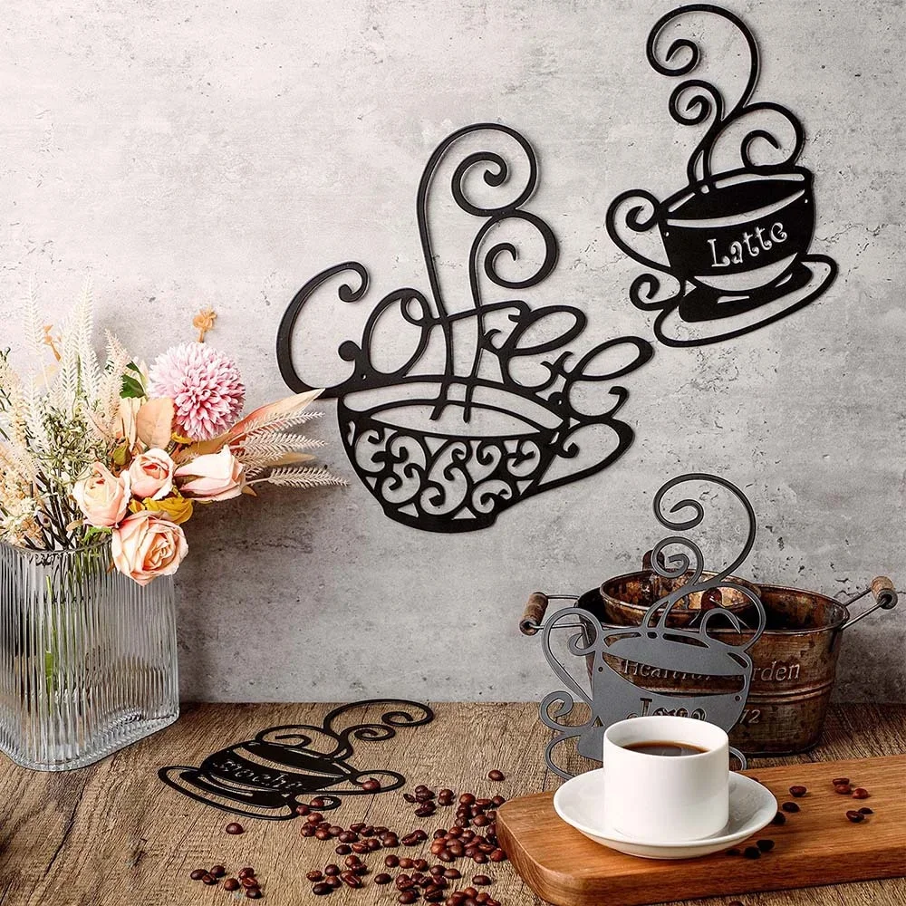 

4pcs Coffee Metal Iron Signs Black Silhouette Wall Hanging Plaque Dining Room Kitchen Cafe Decoration Metal Wall Hanging Decor