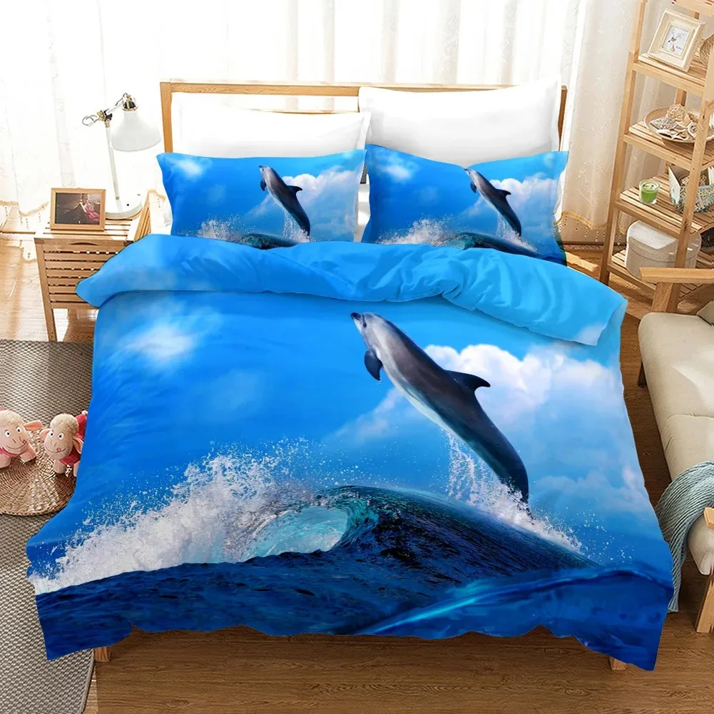 3D Dolphins Duvet Cover Sets Sea Animal Bedding Set Microfiber Blue Ocean Grey Dolphins Jumping Comforter Cover QueenKing Size