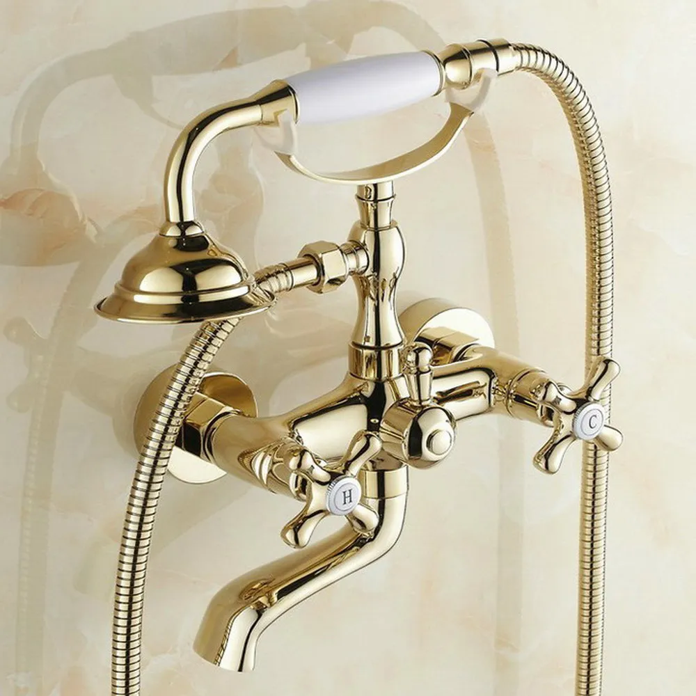 Polished Gold Bathroom Tub Faucet Telephone Style Bathroom Bathtub Wall Mounted With Handshower Swive Tub Spout Ntf130