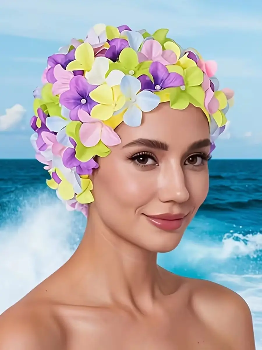 Cute Floral Swim  Flowers Pearl Ornament Elastic Waterproof Bathing Cap Women Summer Beach Pool Vacation Cosplay Photo Headwear