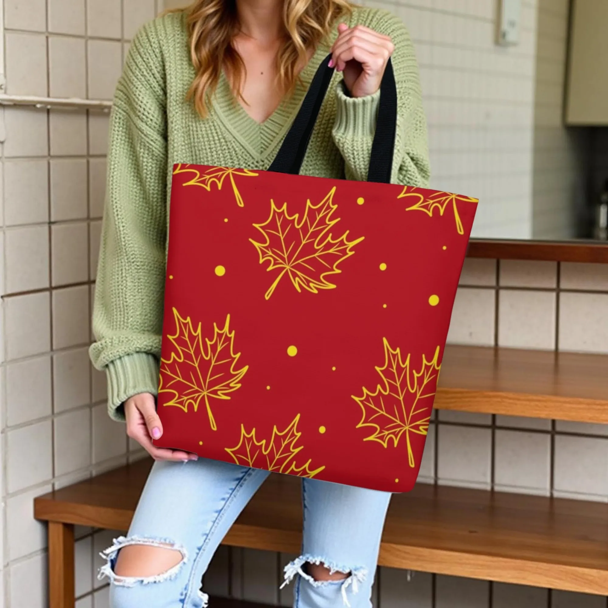 المرأة الحد الأدنى الخريف القيقب قماش حمل حقيبة الأحمر الذهبي ورقة حقيبة كتف قابلة لإعادة الاستخدام حقيبة تسوق نمط الشارع حقيبة يد دائمة