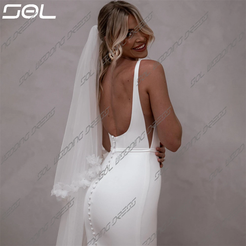 SOL-Sexy Destacável Longo Trem Vestidos De Noiva, Vestidos De Noiva De Colarinho Quadrado, Elegante Sem Encosto Vestido De Sereia De Cetim