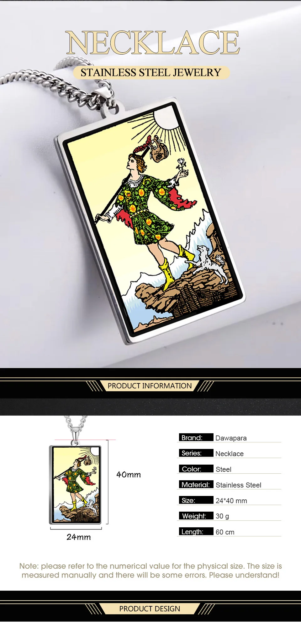 Dawapara 22 Stile Tarot-Karte, Glück, Amulett-Halskette, Sonne, Mond, UV, bunter Anhänger, Edelstahl, spiritueller Schmuck – Detail 3
