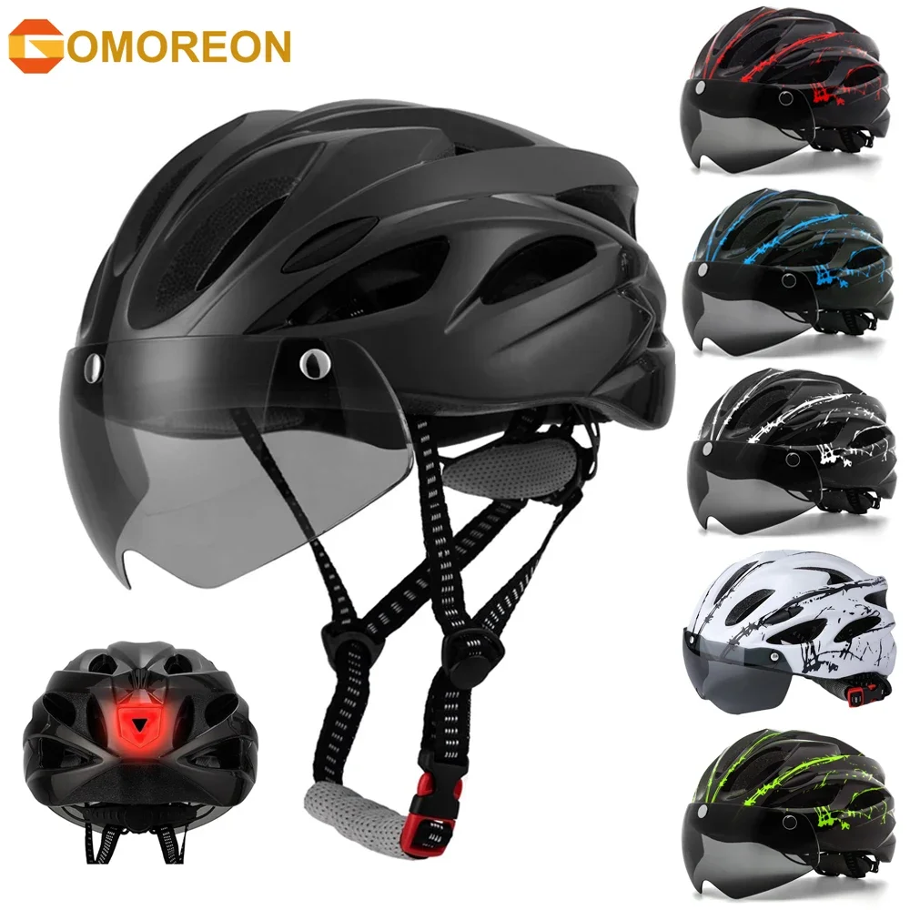 

Bike Helmet with Light & Detachable Magnetic Goggles UV Protective, Bicycle Helmet Mountain Road Adjustable Adult Cycling Helmet