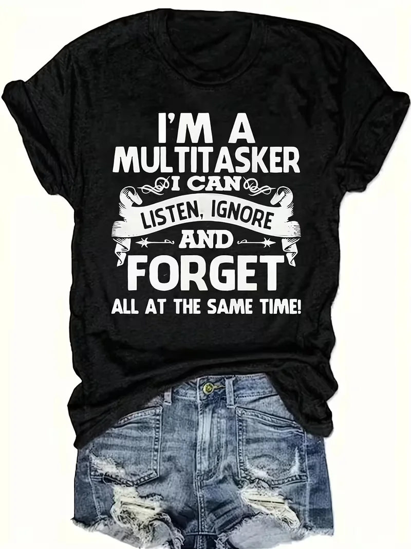 Versatile Fashion - Women's Casual Short Sleeve T-Shirt - Black & White Letter Graphic Tee,