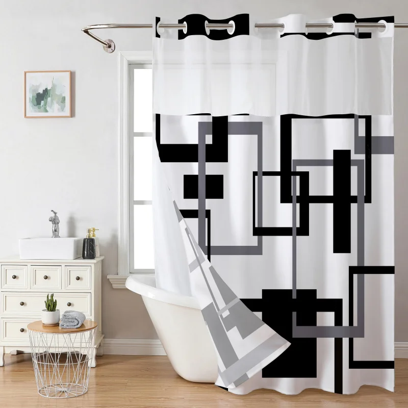 1pc Geometric Shower Curtain Deluxe - No Hooks Needed, Snap-in Fabric Liner, See-Through Mesh Top Window, Machine Washable, Bath