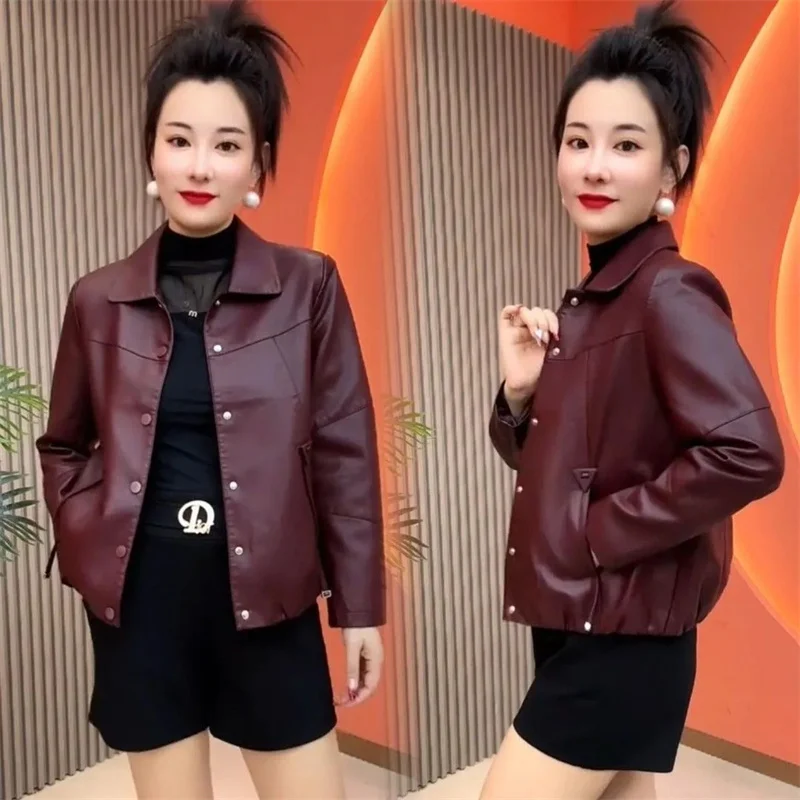 Spring Autumn Women Leisure PU Leather Coat Retro Ladies Large Size 4XL Leather Jacket Female Fashion Faux Leather Outwear 6