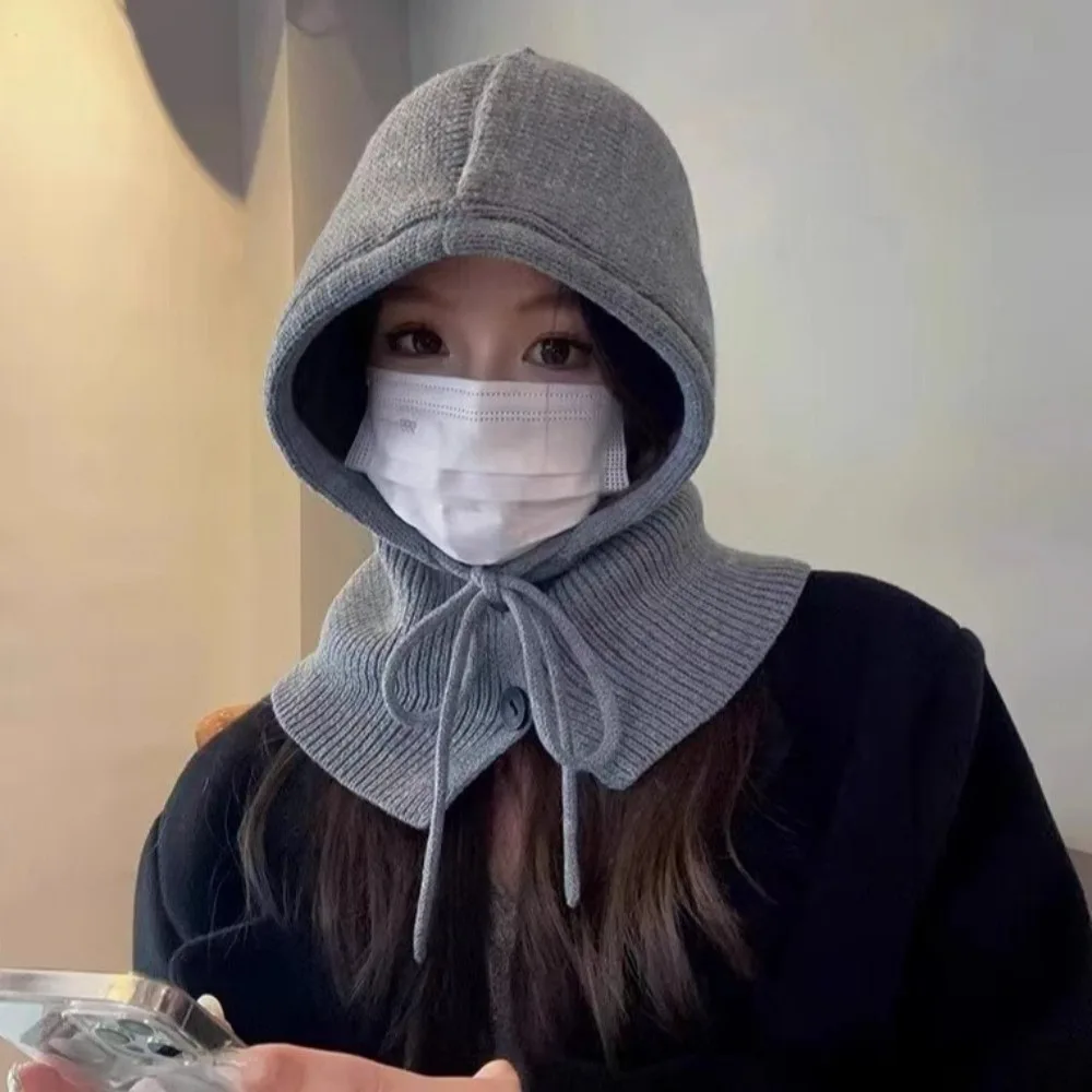 Fashion Warm Knitted Scarf And Cap Set Windproof Thermal Integrated Scarf Drawstring Cap Women