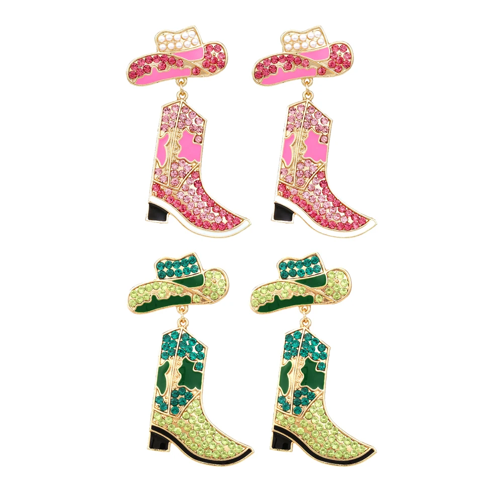 Fashion Cowboy Cowgirl Hat Shoes Rhinestone Crystal Dangle Stud Earrings For Women Shine Boots Earrings Jewelry Gift