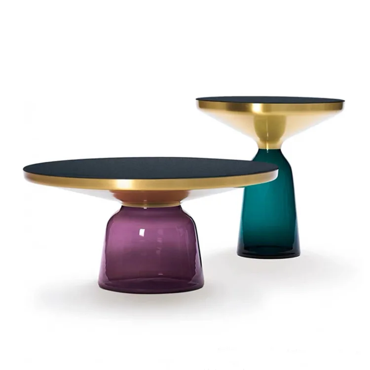 طاولة قهوة زجاجية كهرمانية خفيفة فاخرة وحديثة وطاولة مستديرة فنية راقية على طراز مصمم