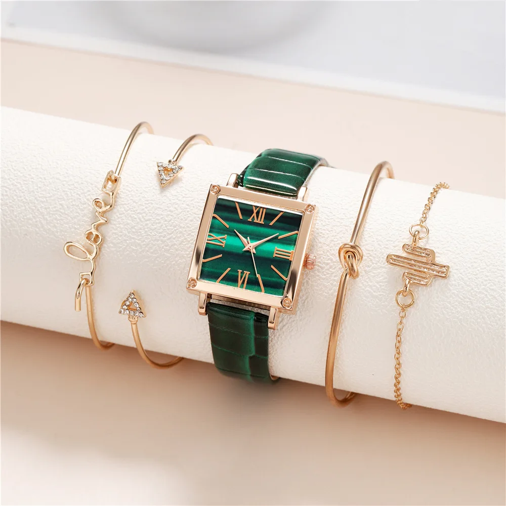 Lujo 2022 cuadrado verde esmeralda Diseño simple Roma Mujeres Reloj de cuarzo Moda Correa de cuero Reloj Regalos Mujeres Relojes