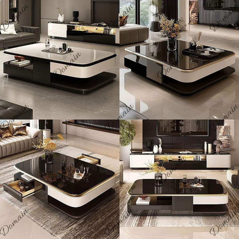 Modern Minimalist Slate Coffee Table for Living Room, 1.6m Storage Tea Table with Solid Wood & Microcrystalline Stone
