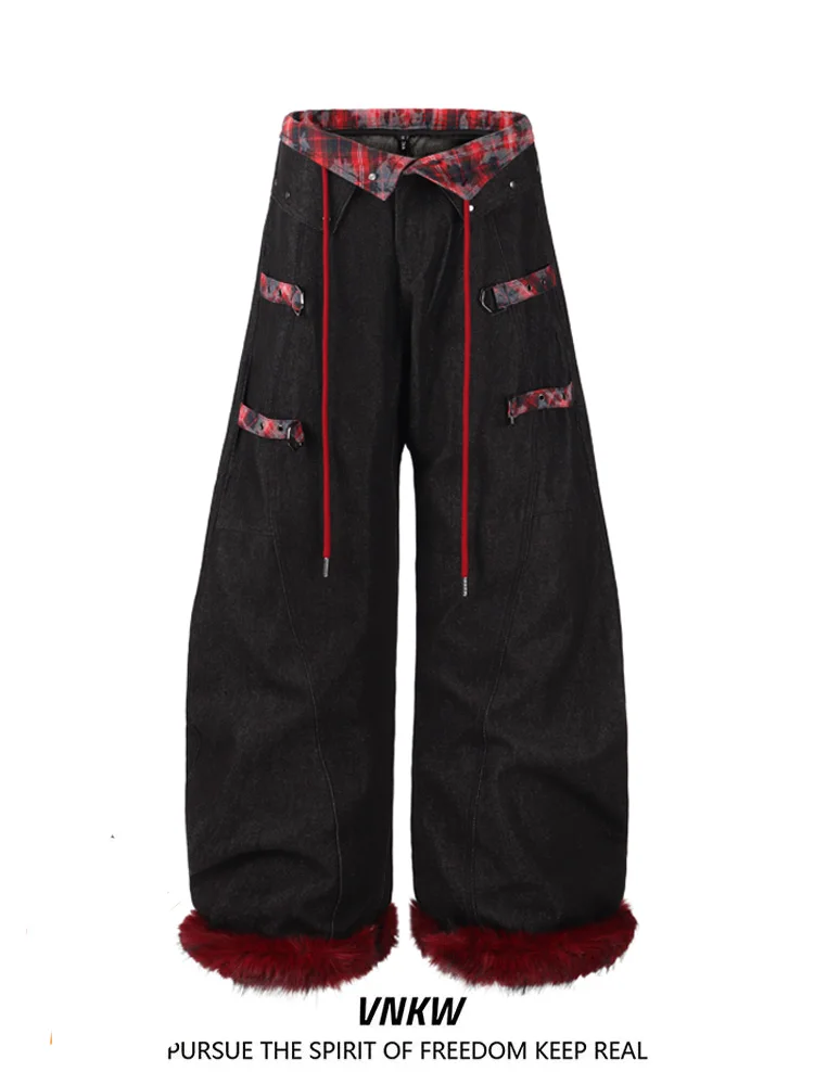 

Джинсы Y2K в стиле пэчворк, свободного кроя, с отстегивающимися бахромами, длинные брюки, уличный стиль, смесь хлопка и полиэстера, прямые штанины