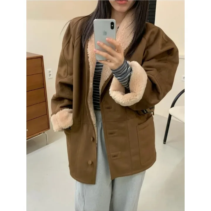 

Женское джинто из кожи и меха в стиле ретро, свободное женское пальто с отложным воротником, гонконгское шикарное пальто, модное длинное све, Thiened