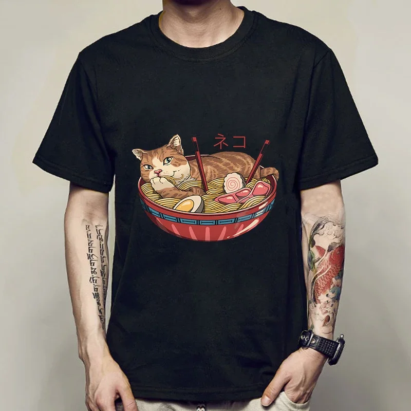 New Fashion Summer Mens T Shirt Casual Short Sleeve Samurai Cat Print Anime Tshirt Men Women Japanese Neko Sushi Wave Tops