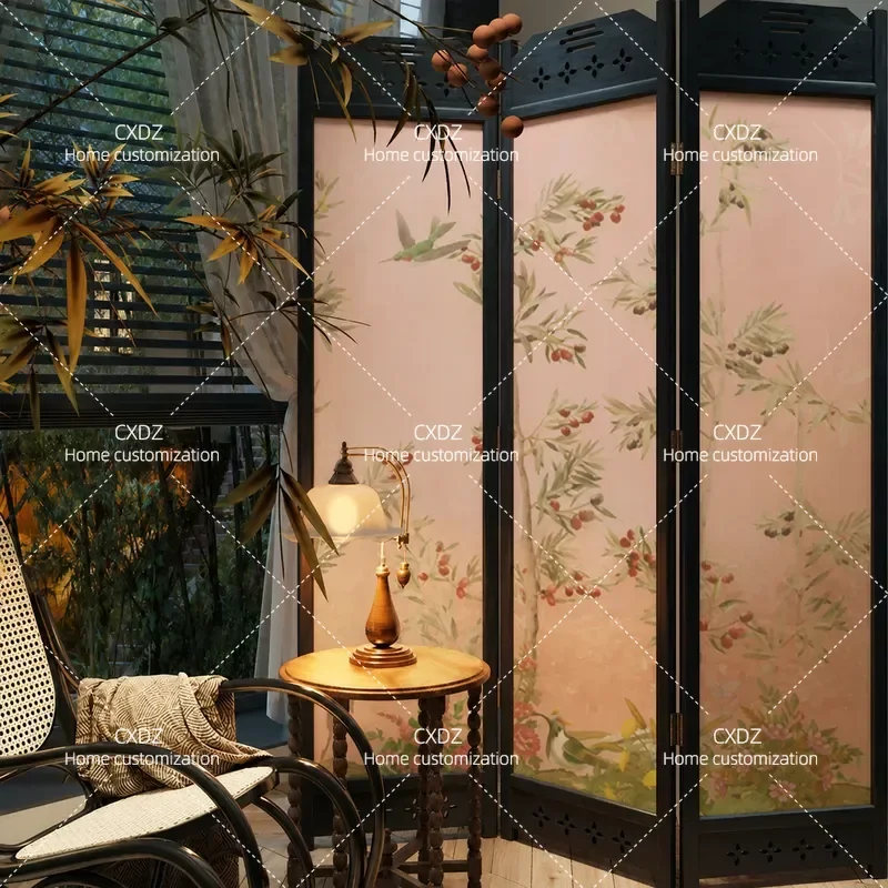 French Style Folding Screen Partition for Living Room Light Luxury Movable Room Divider for Small Apartment Sofa Background