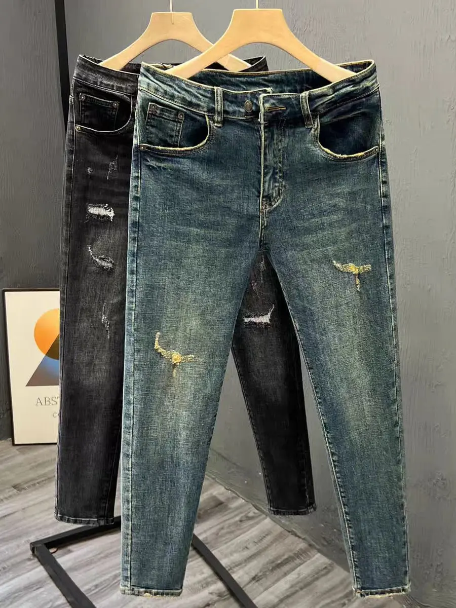 Retro Hole Denim Jeans Men's Trendy Brand Handsome Slim Fit Nine Points Elastic Thin Autumn Long Pants Casual Style