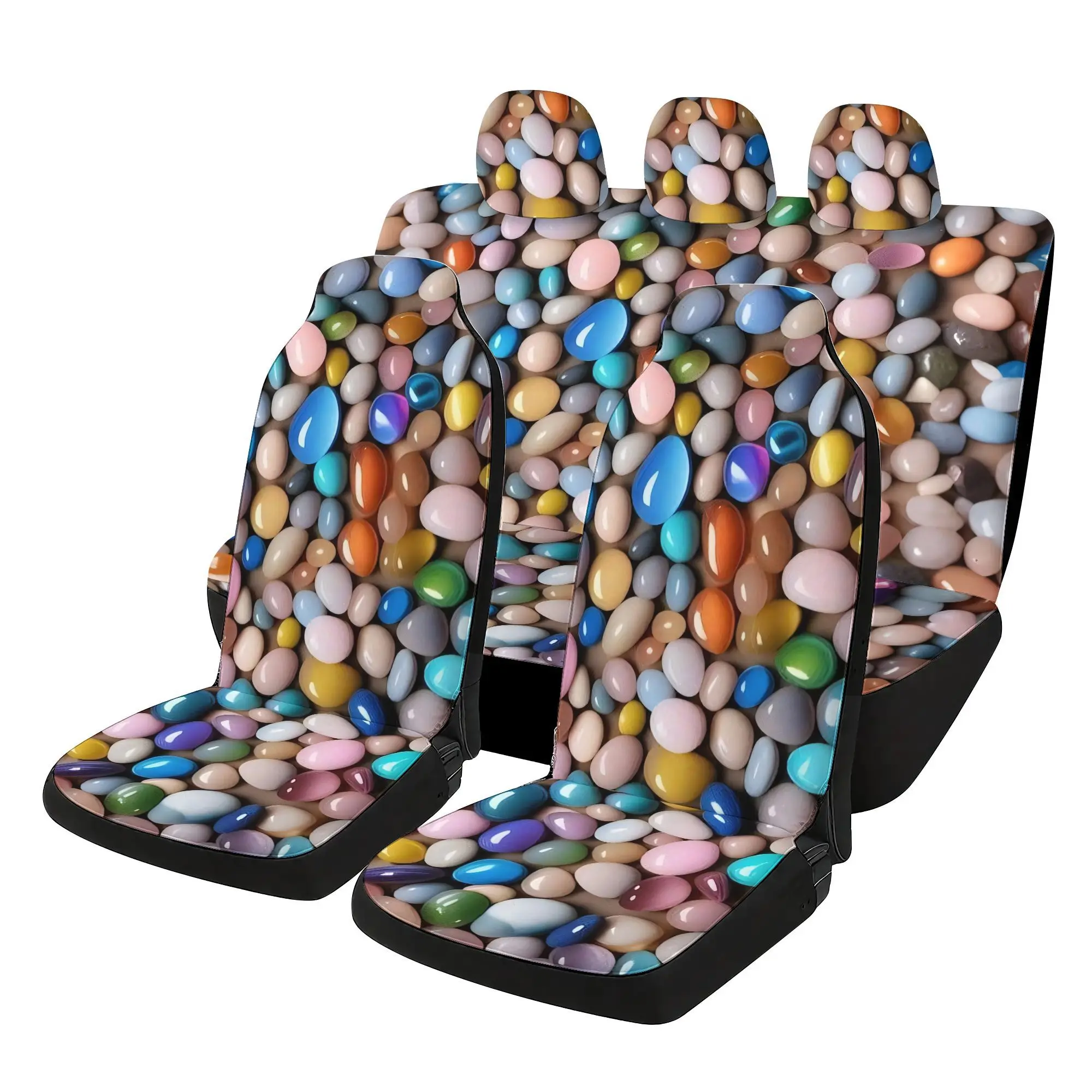 Colorful Pebbles Car  Covers Set - 7pcs, Including 2 Front  Covers + 1 Rear  Back Cover + 1Rear  Cover + 3 Car S