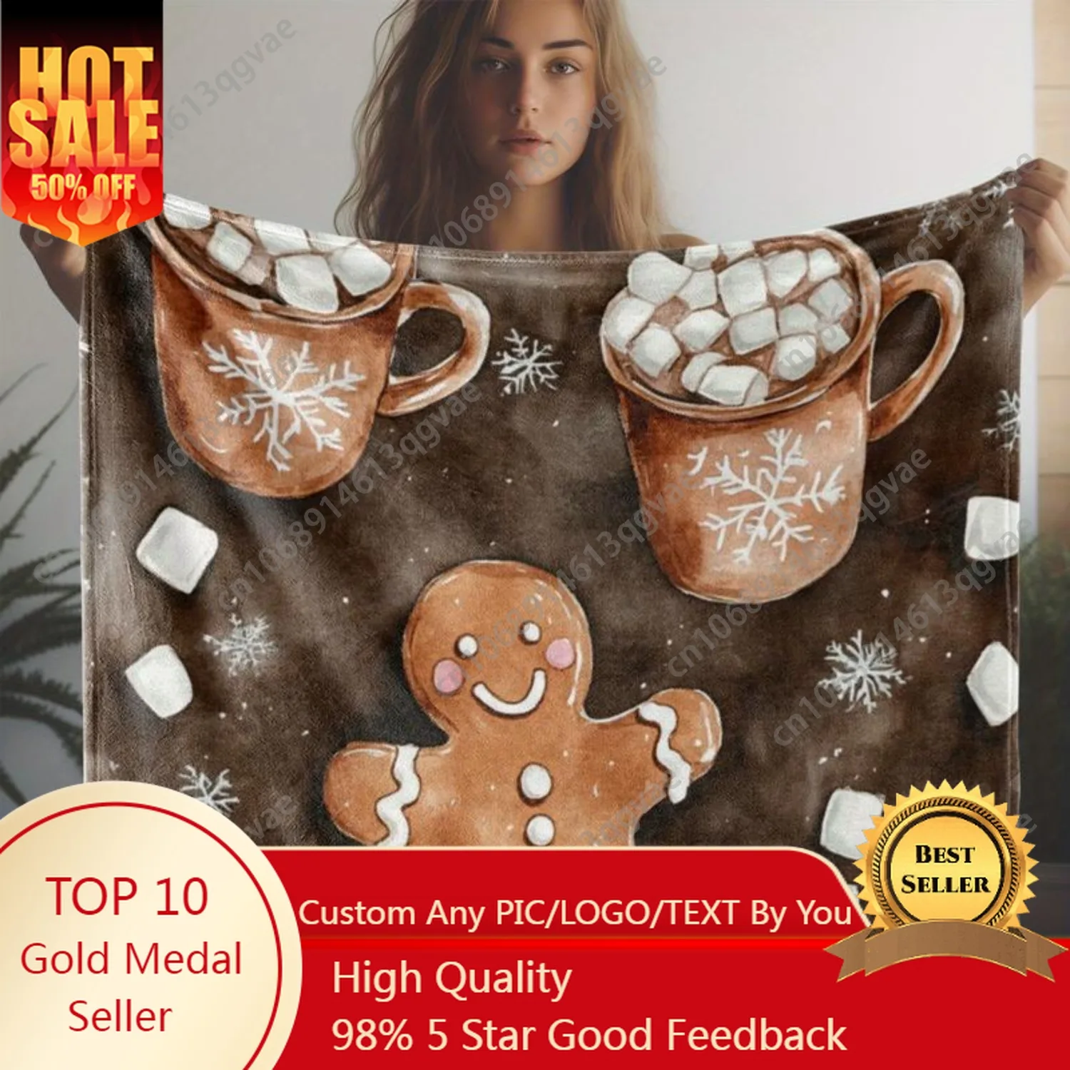

Vintage Gingerbread Man and Snowflake Print Flannel Throw Blanket - Soft Warm and Comfortable for Sofa Bed Car Office Camp