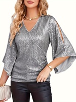 plus size V-neck sequin top, medium stretch polyester knitted fabric, oversized asymmetric hem, ruffled sleeve pullover
