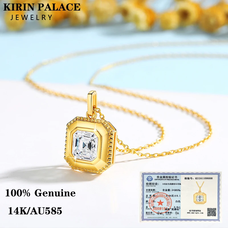 Asscher Brilliant Necklace for Women Genuine AU585 Pendant Real 14K Gold 2CT Moissanite Fine Jewelry Wedding Gifts Present