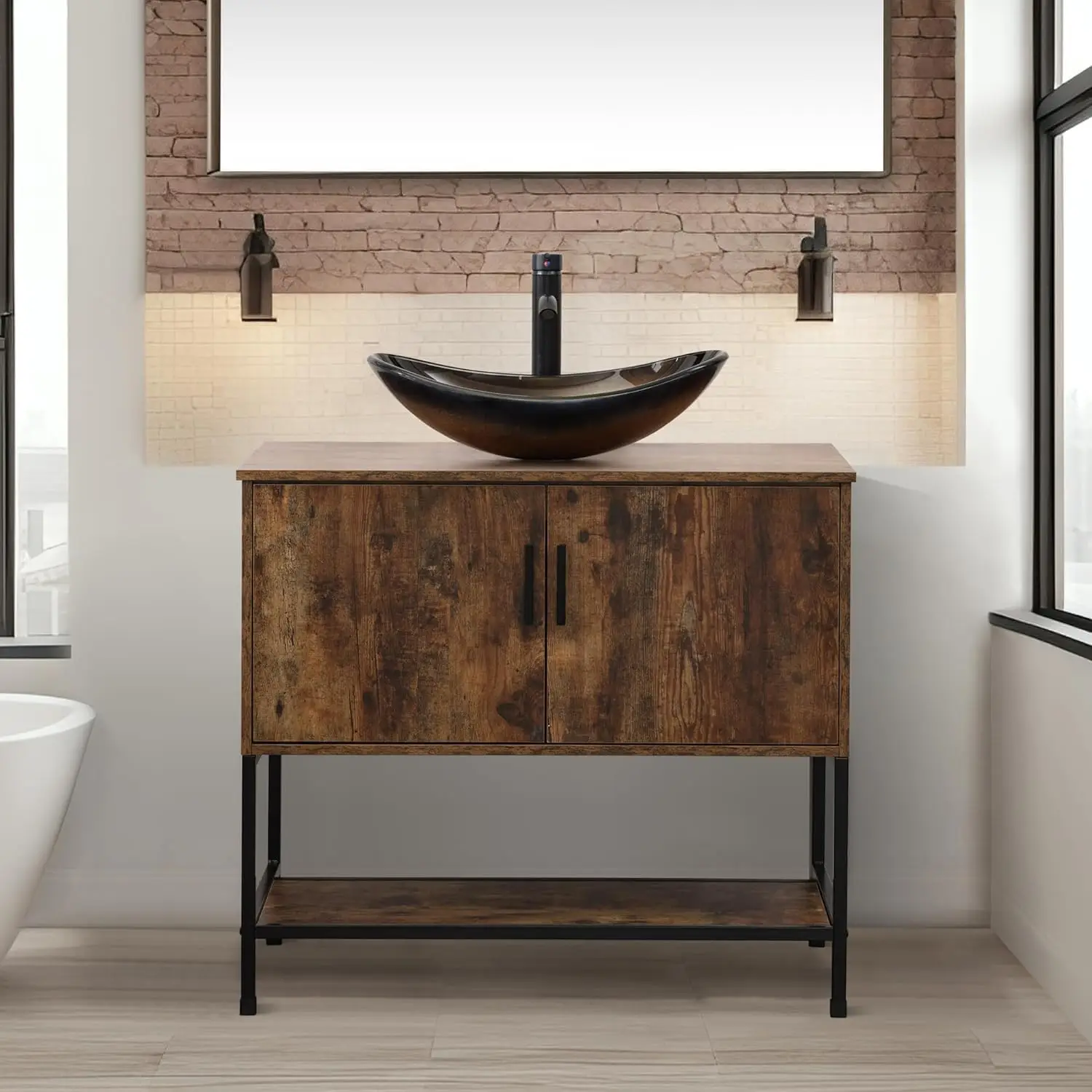 

Тумба для ванной комнаты в деревенском стиле, коричневая, 36 дюймов, с раковиной, комплект мебели для ванной комнаты в индустриальном стиле с железным каркасом, дверцами и полкой, с возможностью индивидуального заказа