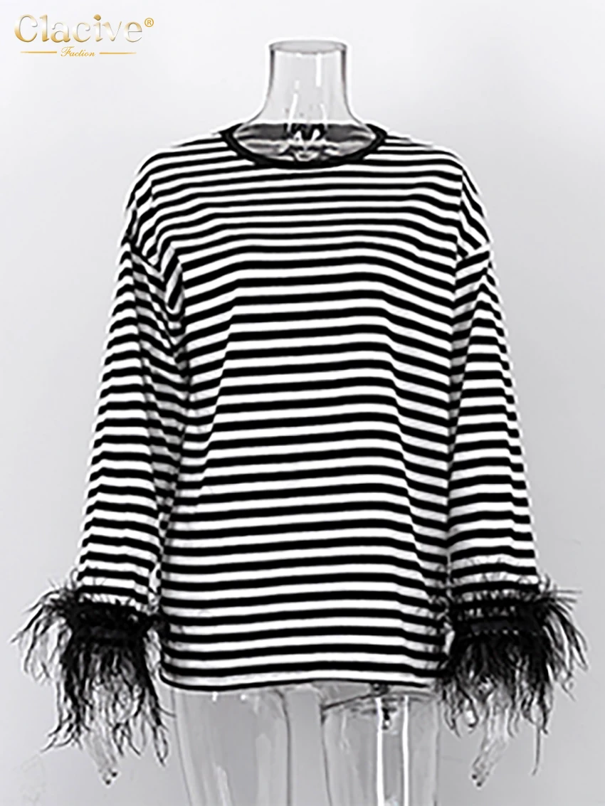 Clacive Fashion Loose Stripe Women\'S T Shirt 2024 Elegant O-Neck Feathers Long Sleeve T-Shirt Casual Classic Top Feamle Clothing