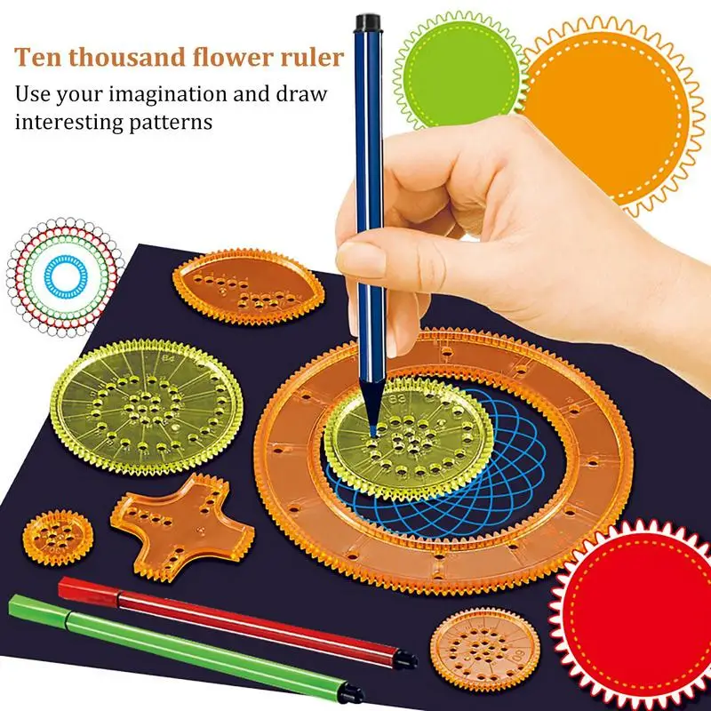 27pcs SpirographDrawing Toys Set Interlocking Gears & Wheels Geometric Ruler Drawing Accessories Creative Educational Kids Toy