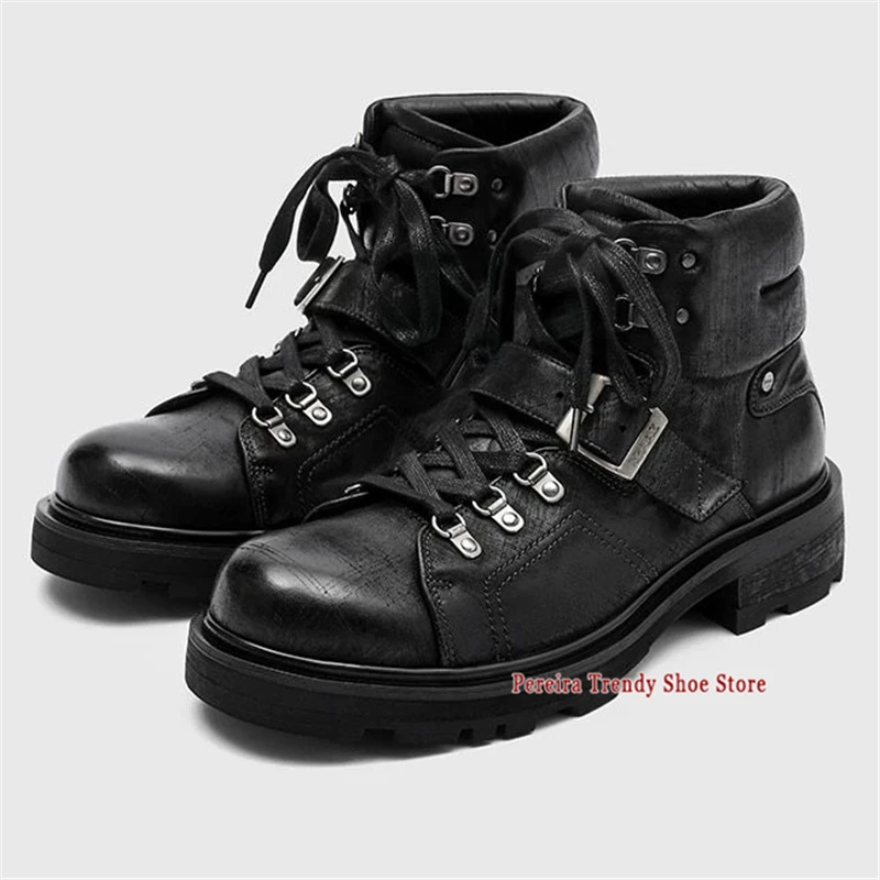 Autumn Winter Round Toe Thick Sole Short Boots Trend Retro Belt Buckle Lace-Up Motorcycle Boots Street Style Outdoor Men's Shoes