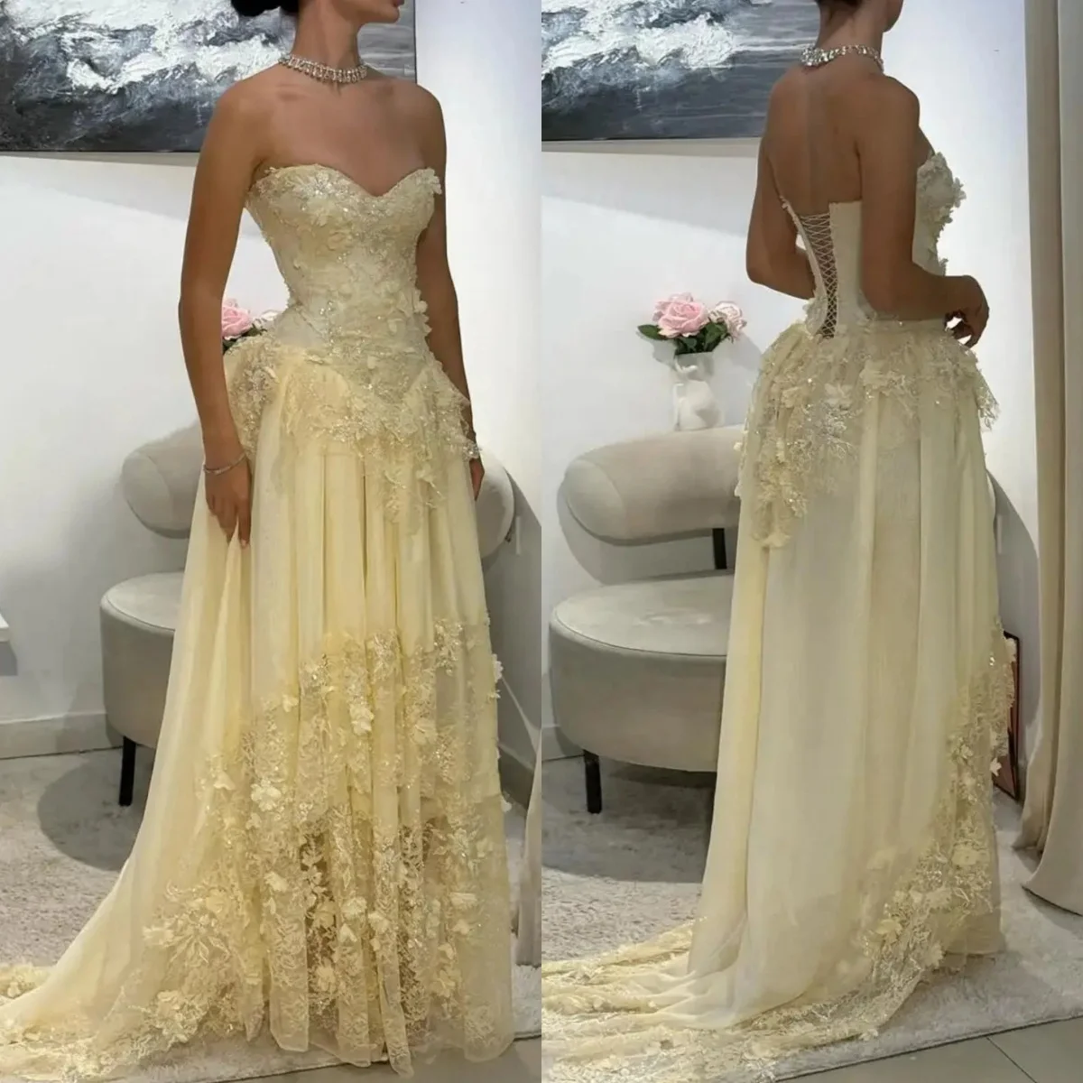 POD Customized Yellow Strapless Evening Dresses 3D Flowers Lace Sequins Bandage Backless Prom Dress A-line Celebrity Gowns