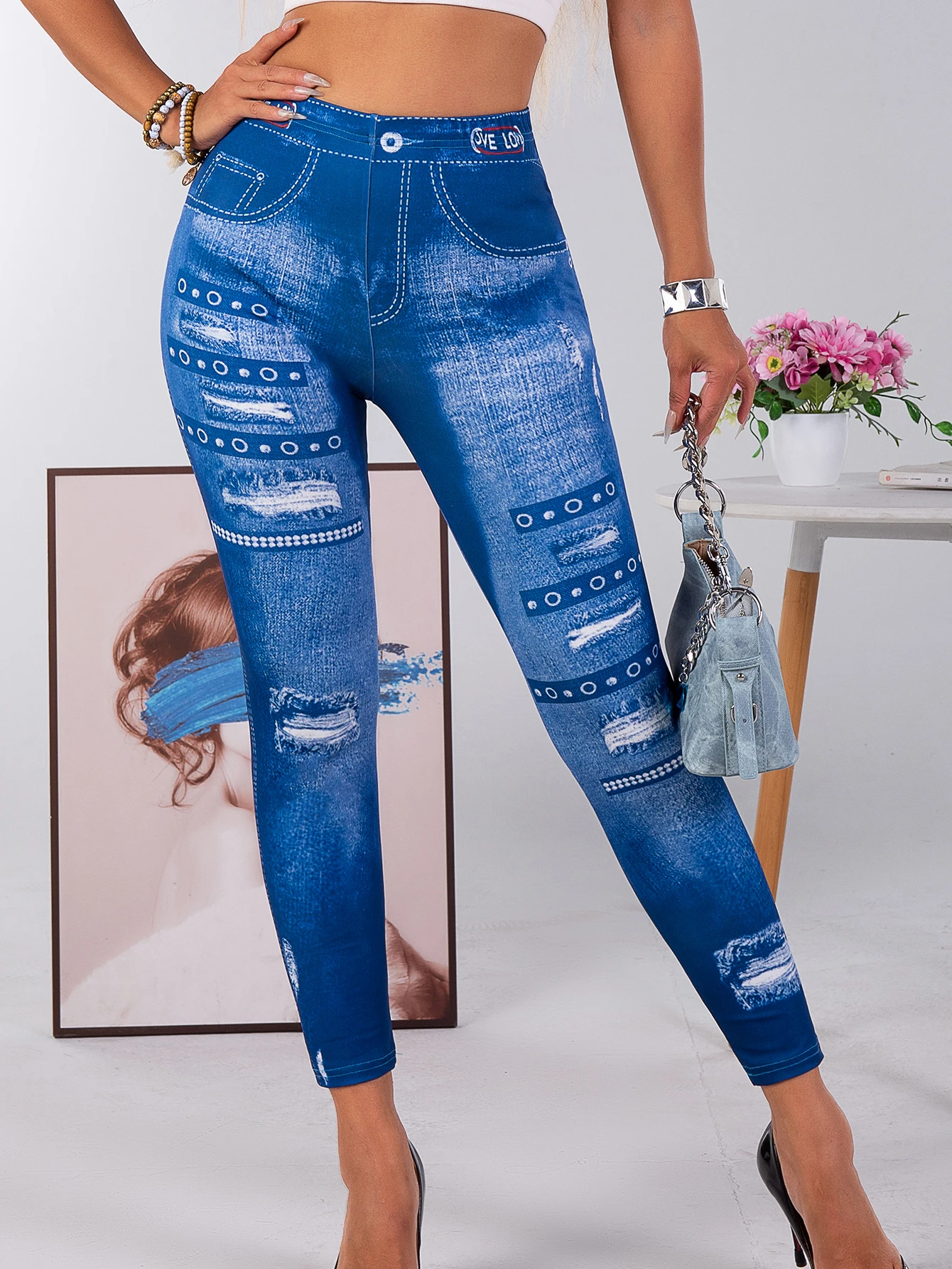 

Belted Tights Europe And The United States Fashion Corns Holes Printed Imitation Denim Nine-point Pants Digital Printed Leggings