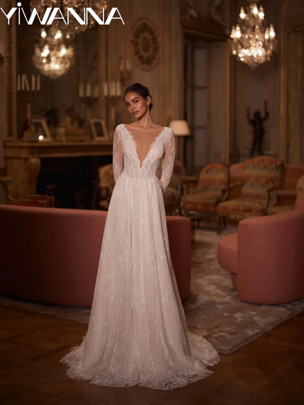 

New Embroidery Beaded Lace Wedding Dress Illusion Deep Vneck A-line Long Bridal Gown Customized Opulent Ivory Dresses For Bride