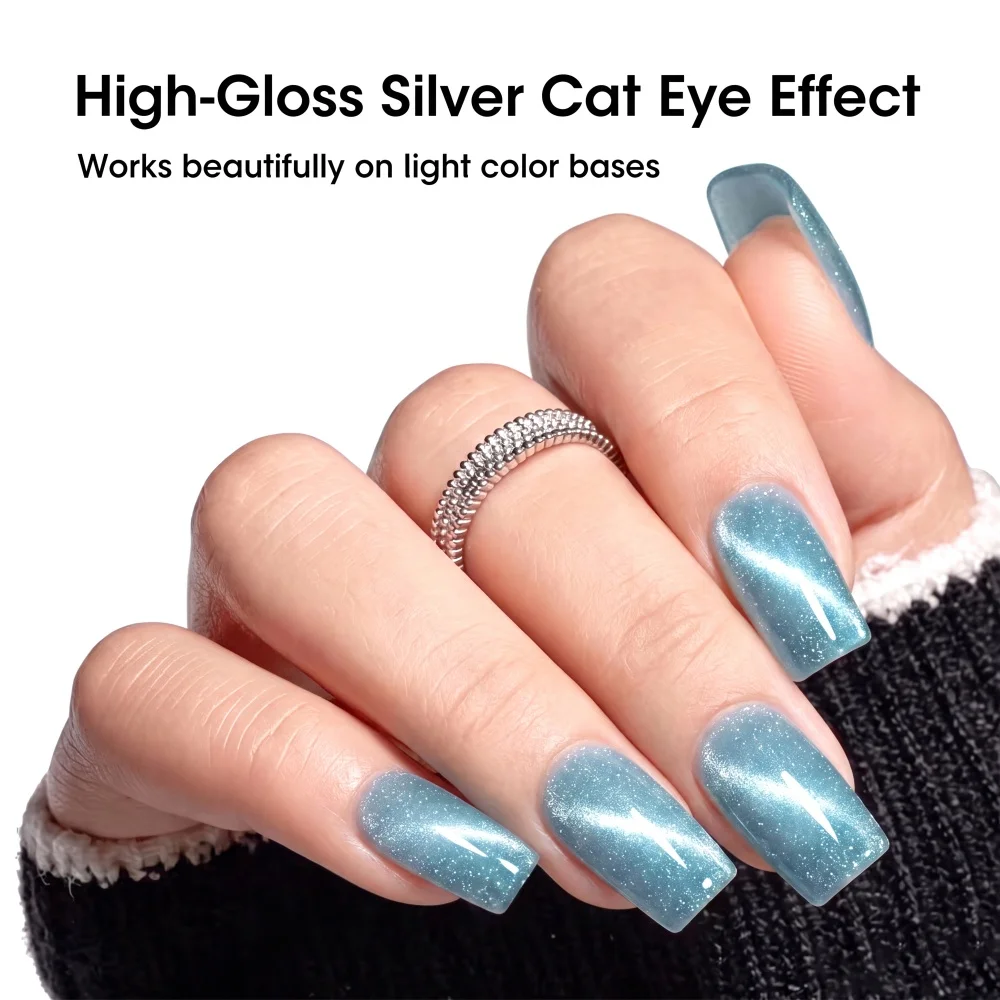 Visuatia Blue-Green Moonlight Cat Eye Nail Polish Set of 2, Transparent Base Color with Clear Magnetic Glow, Creates High-End Cool-Tone Cat Eye Nail Art Designs
