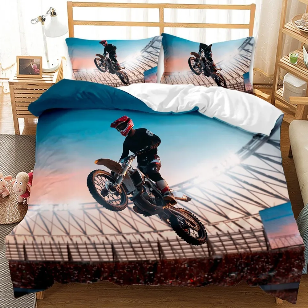 Motocross Rider Bedding Set Extreme Sports Theme Duvet Cover Teens Motorcycle Comforter Cover Dirt Bike Polyester Quilt Cover