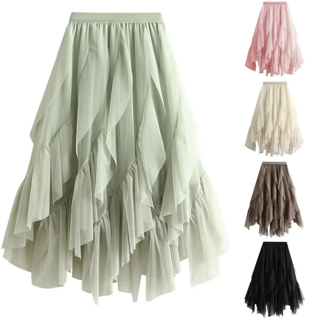 

New Women's High-Waist Long Skirt Irregular Ruffled Stitching Mesh Skirt for Fashionable Ladies