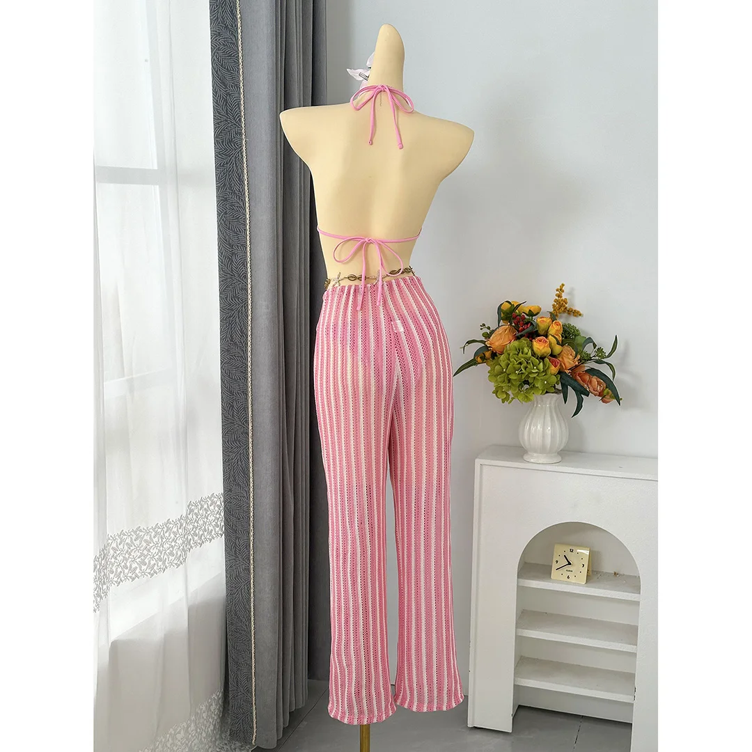 5 Farben mit Hose, gestreifter Neckholder-Bikini, Damen-Badebekleidung, dreiteiliger Bikini-Set, Badeanzug, Badebekleidung, Schwimmbekleidung V7838P – Detail 9